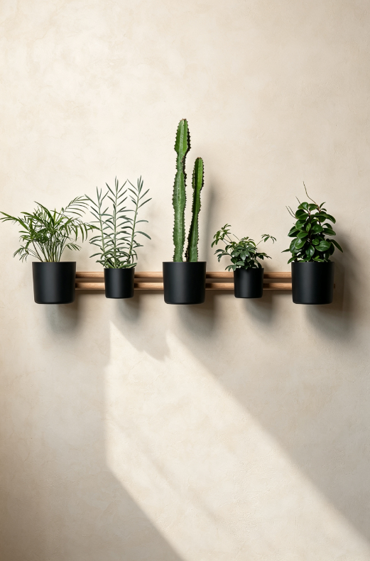 Modular Wall-Mounted Plant Display with Sliding Accessories