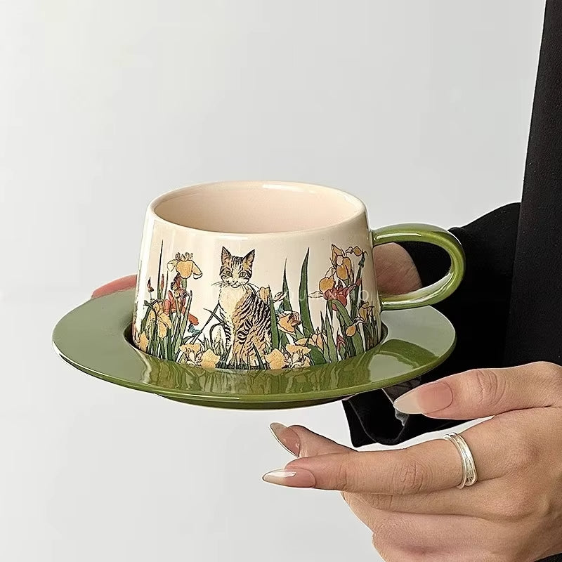 Vintage Hand-Painted Cat Mocha Set