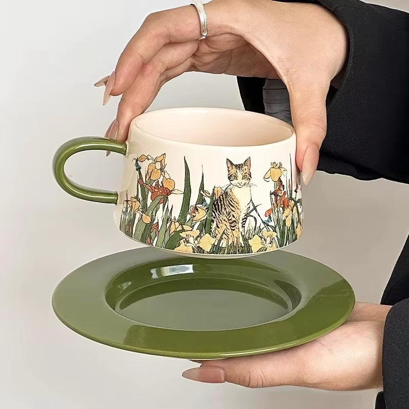 Vintage Hand-Painted Cat Mocha Set
