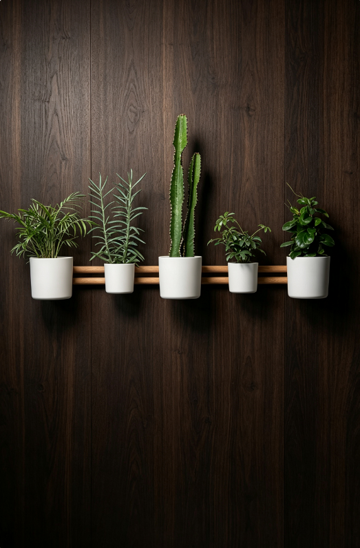 Modular Wall-Mounted Plant Display with Sliding Accessories